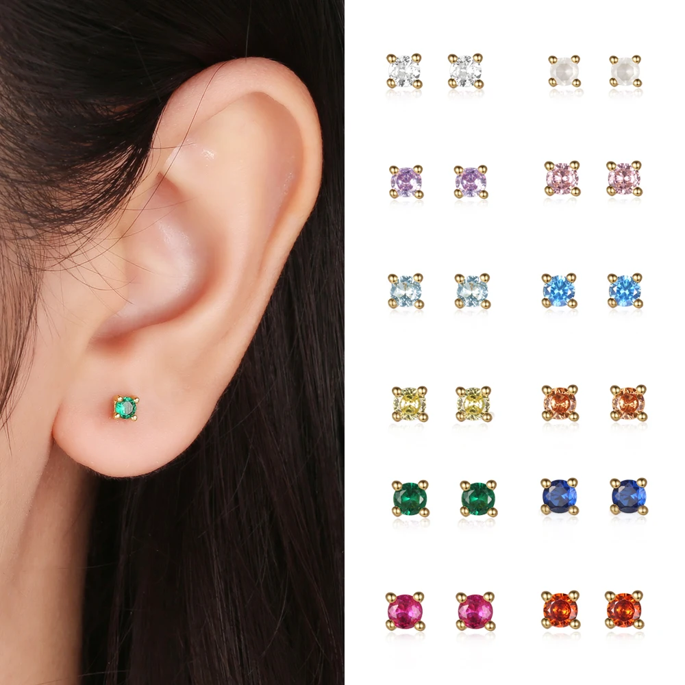 

925 Sterling Silver 3mm Small Cubic Zirconia Red/Pink/Blue/Green/Purple Stone Gold Color Stud Earrings for Women Fine Jewelry