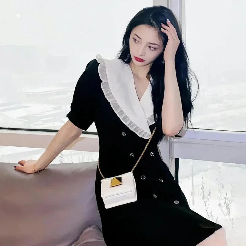 

2022 NEW Lace Double-breasted Suit Dress Hepburn Style Black Age-reducing Skirt Western Style and Thin Dresses for Women