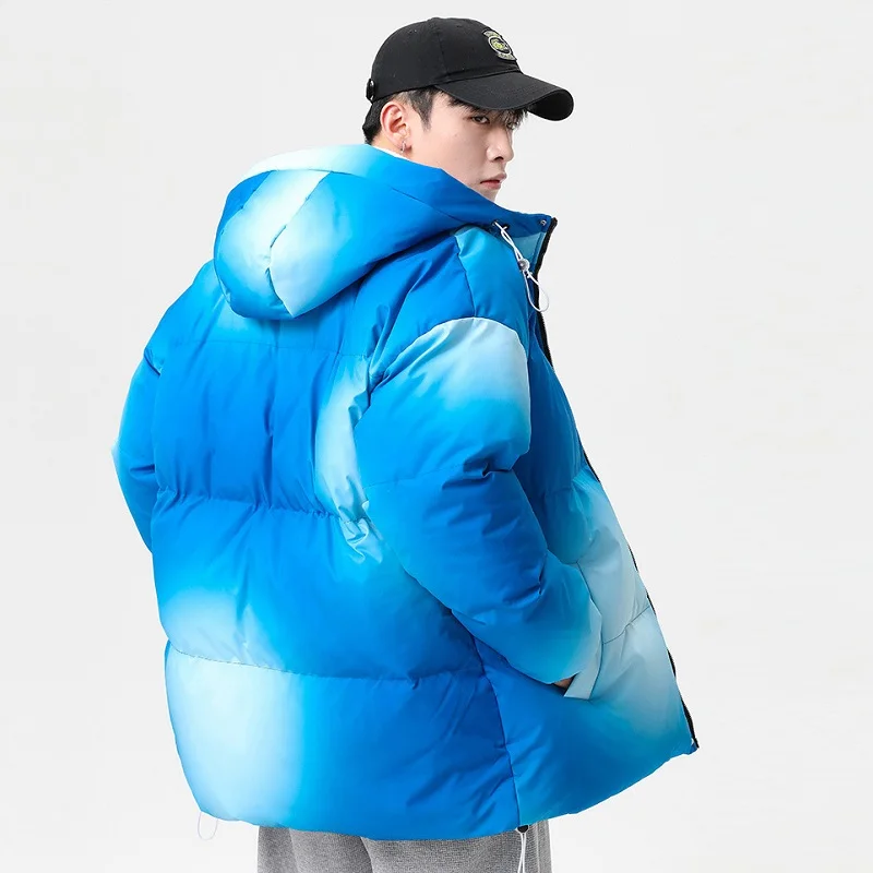 Men's Fashion Gradual Color Hooded Cotton Jacket Winter Loose Thermal Jackets Youth Outdoor Sports Coats Men Clothing