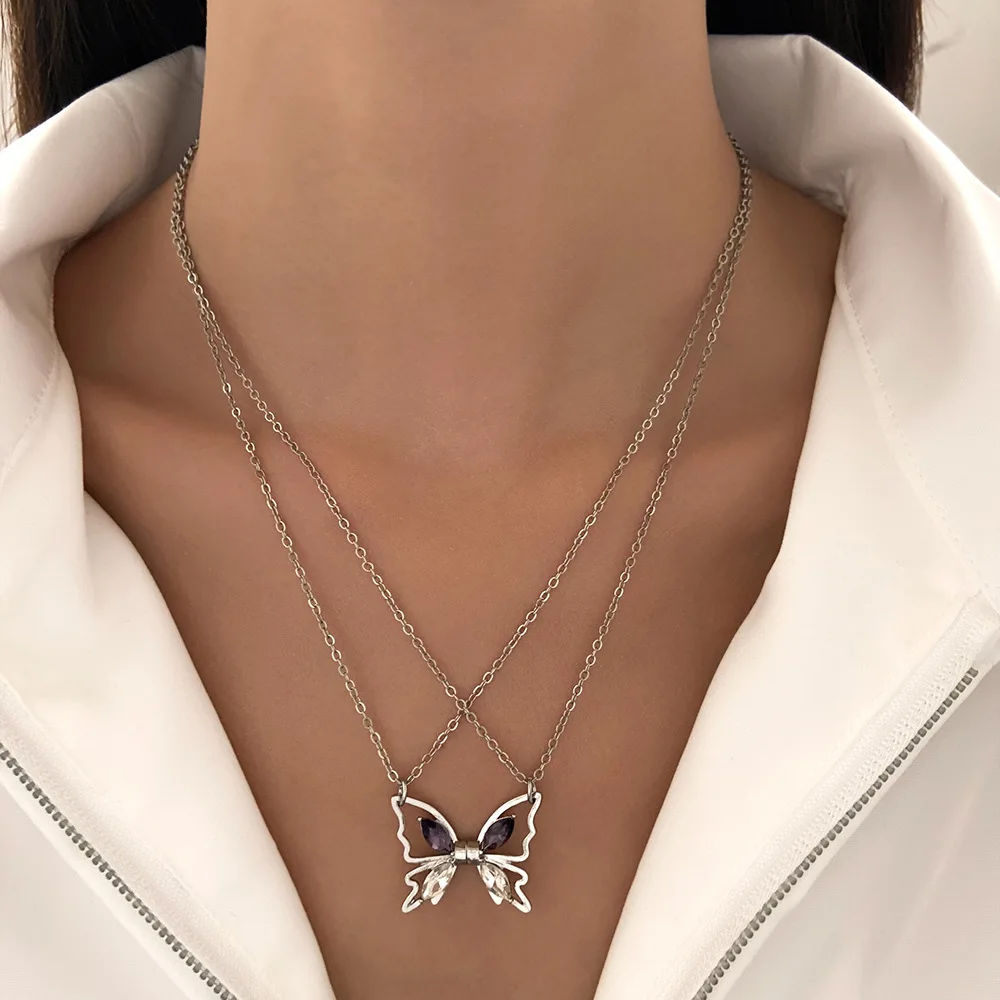 

New Luxury Fashion Pink Purple Zircon Butterfly Necklace Micro Set Zircon Collar Chain Pendant for Women Girl Jewelry Gift
