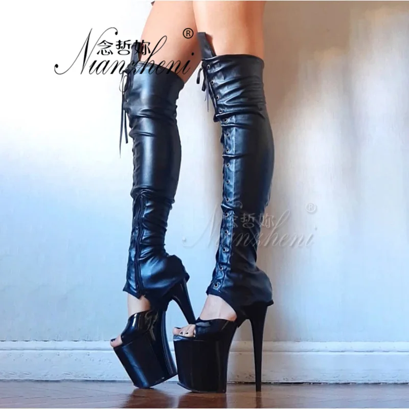 Змеиная кожа съемная 20 см каблуки шнурки коленные сапоги 8 дюймов открытые пальцы