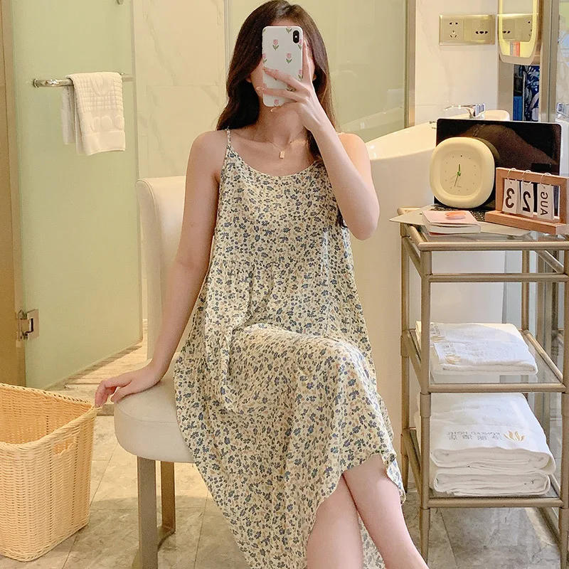 Women's Thin Cotton Nightgown Long Slip Sleep Dress Summer Loose Sleepwear Floral Print Nightwear Nightdress Casual Home Clothes