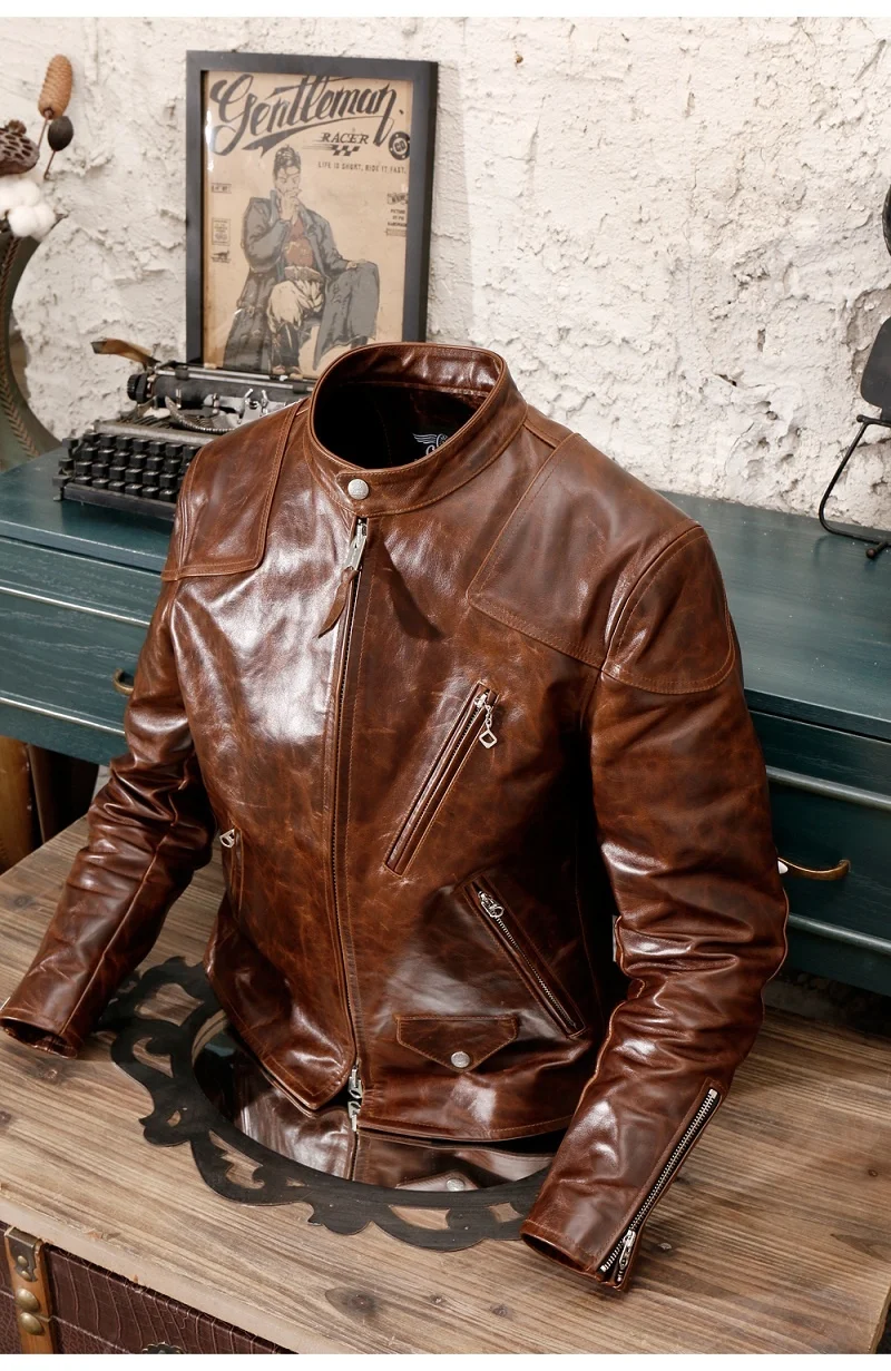 

YR!Free shipping.Quality motor biker style oil wax cowhide jacket,cool slim oil wax genuine leather coat,vintage warm coat.