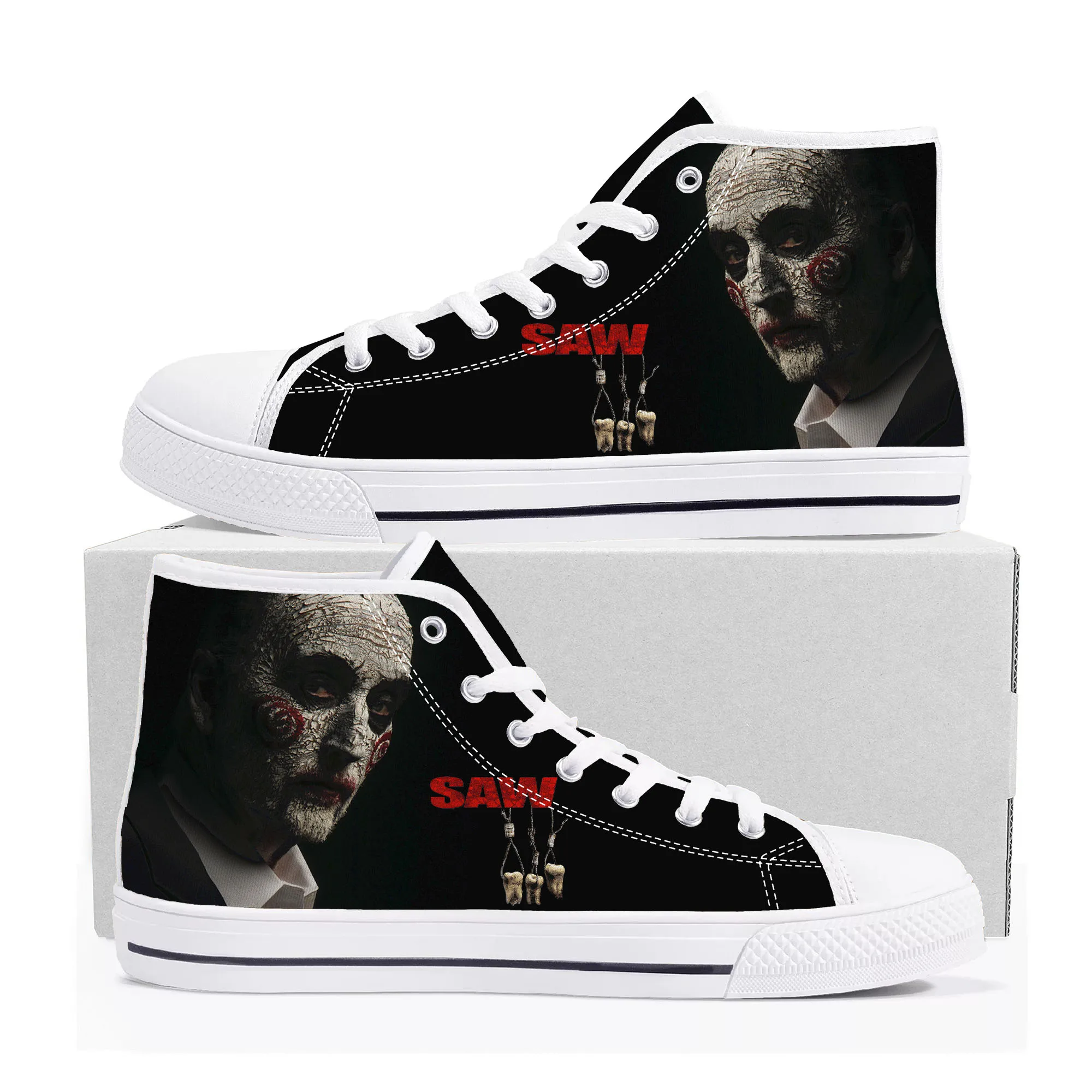 

Saw Movie Horror Jigsaw Puppet High Top Sneakers Mens Womens Teenager Canvas Sneaker Casual Custom Made Shoes Customize Shoe