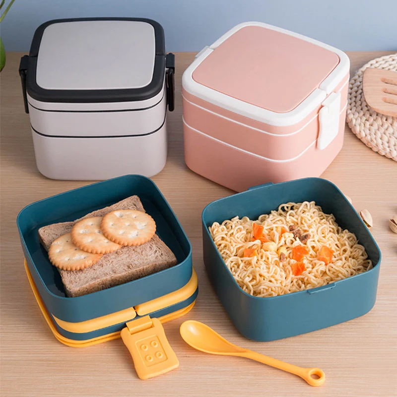 

1000ml Portatile 2 strati pranzo sano contenitore per alimenti forno a microonde pranzo Bento scatole con posate Lunchbox