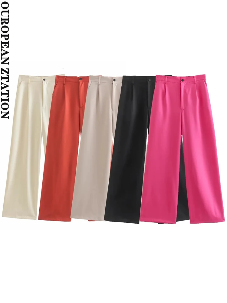 

PAILETE Women 2022 fashion with darted full length satin wide leg pants vintage high waist zipper female trousers mujer