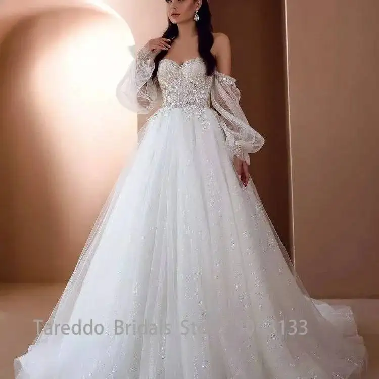 

Sumnus Luxury A Line Sweetheart Wedding Dresses Lace Appliques Draped Tulle Puff Sleeve Modern Wedding Bride Dress with Train