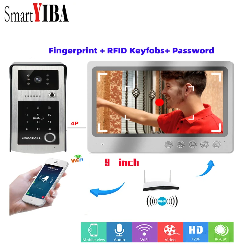 

Смарт-видеодомофон SmartYIBA, видеодомофон 9 дюймов с Wi-Fi, IP-камерой, IP65, датчиком отпечатка пальца, ID-картой, разблокировкой, домофон