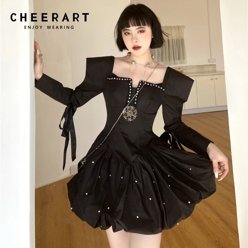

CHEERART Hepburn Vintage Backless Bodycon Dress Women Square Neck Off Shoulder Black Ruffle Mini Tunic Puffy Dress Spring 2022