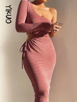 yikuo elegant fashion cut out sexy one shoulder dress for women party club backless ruched dresses bodycon clothes