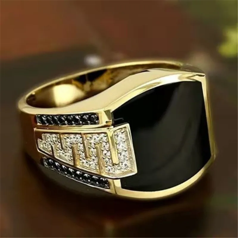 

Hot Sale Freemason Totem Copper Men's Ring Golden Wide Face With Black Crystal Jewelry For Party Engagement Accessories