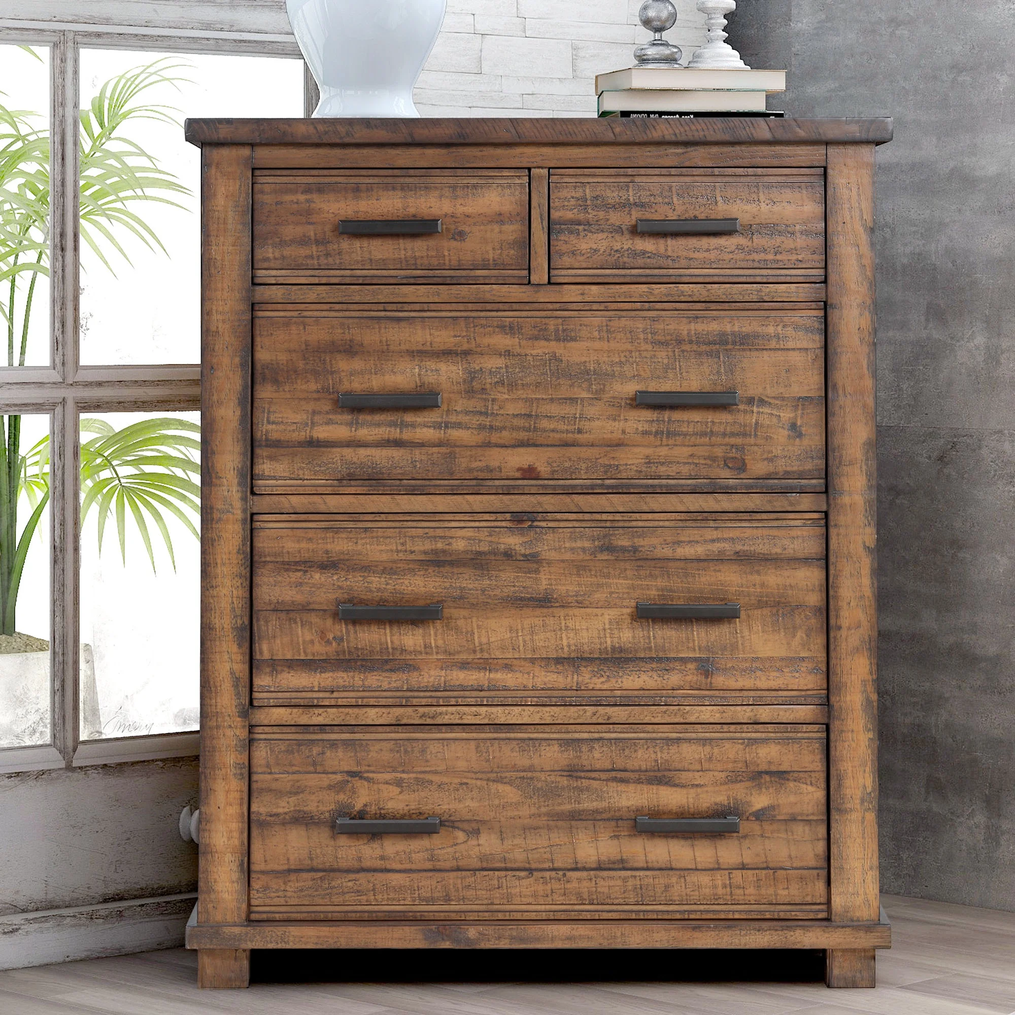 

Home Furniture 5 Drawer Reclaimed Solid Wood Farmhouse Chest Tallboy Wooden Closet for Bedroom Clothes Organizer Storage Cabinet