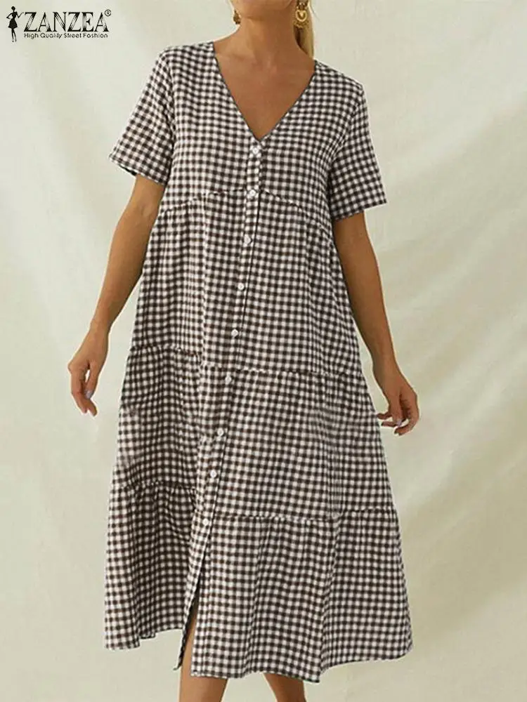

Модное летнее женское винтажное праздничное платье ZANZEA 2022, платье до середины икры, женское свободное платье на пуговицах, женское платье с ...