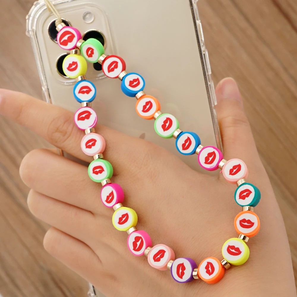 

Red Lips Prints Beaded Mobile Phone Charm Clay Lanyard for Women Phone Case Chain Sexy Style Telephone Accessories Free Shipping
