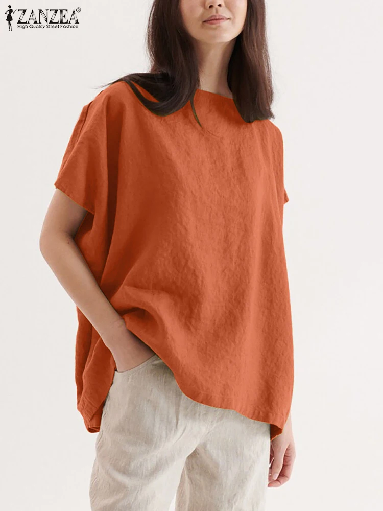 

Хлопковая Праздничная пляжная рубашка ZANZEA, летняя однотонная блузка, женские топы с коротким рукавом и круглым вырезом, женские элегантные ...