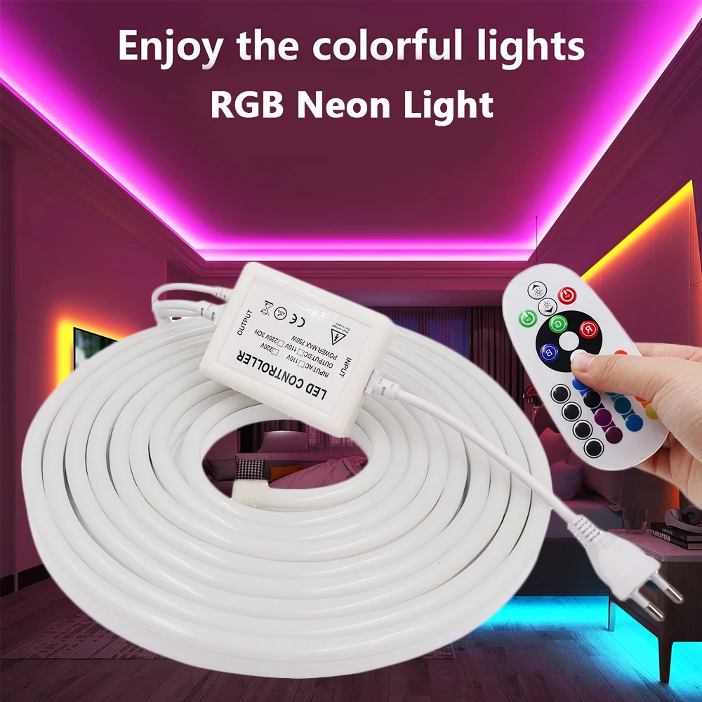 

RGB неоновая лента 220 В переменного тока Гибкая неоновая лента с дистанционным управлением SMD5050 2835 наружная Водонепроницаемая неоновая лента...