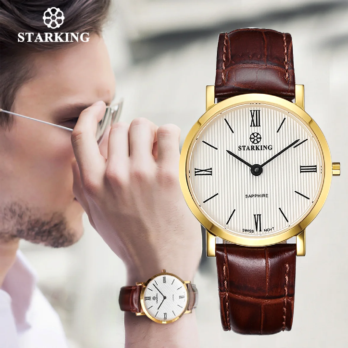 

STARKING Japan Quartz Watch Men Fashion Top Brand All Black Genuine Leather Sapphire Business Wristwatch Retro Male Clock 3ATM