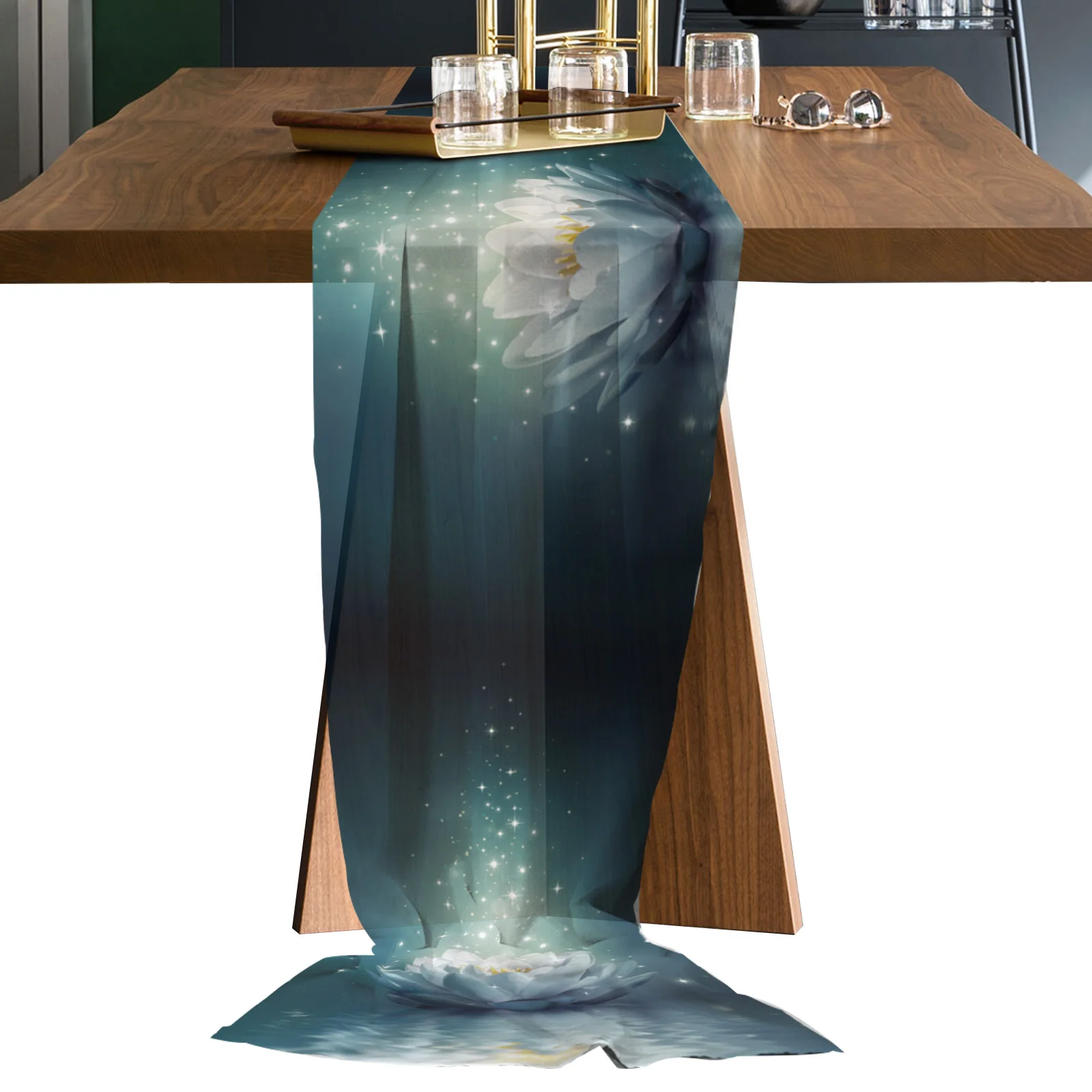 

Water Surface Lotus Magic Long Chiffon Table Runner for Wedding Hotel Sheer Tablecloth Home Kitchen Decor Voile Table Runners