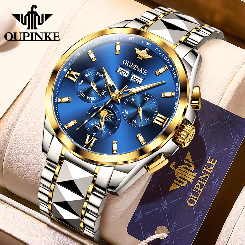

OUPINKE Men Automatic Mechanical Watches Luxury Tungsten Steel Moon Phase Date Calendar Luminous Sapphire Waterproof Wrist Watch