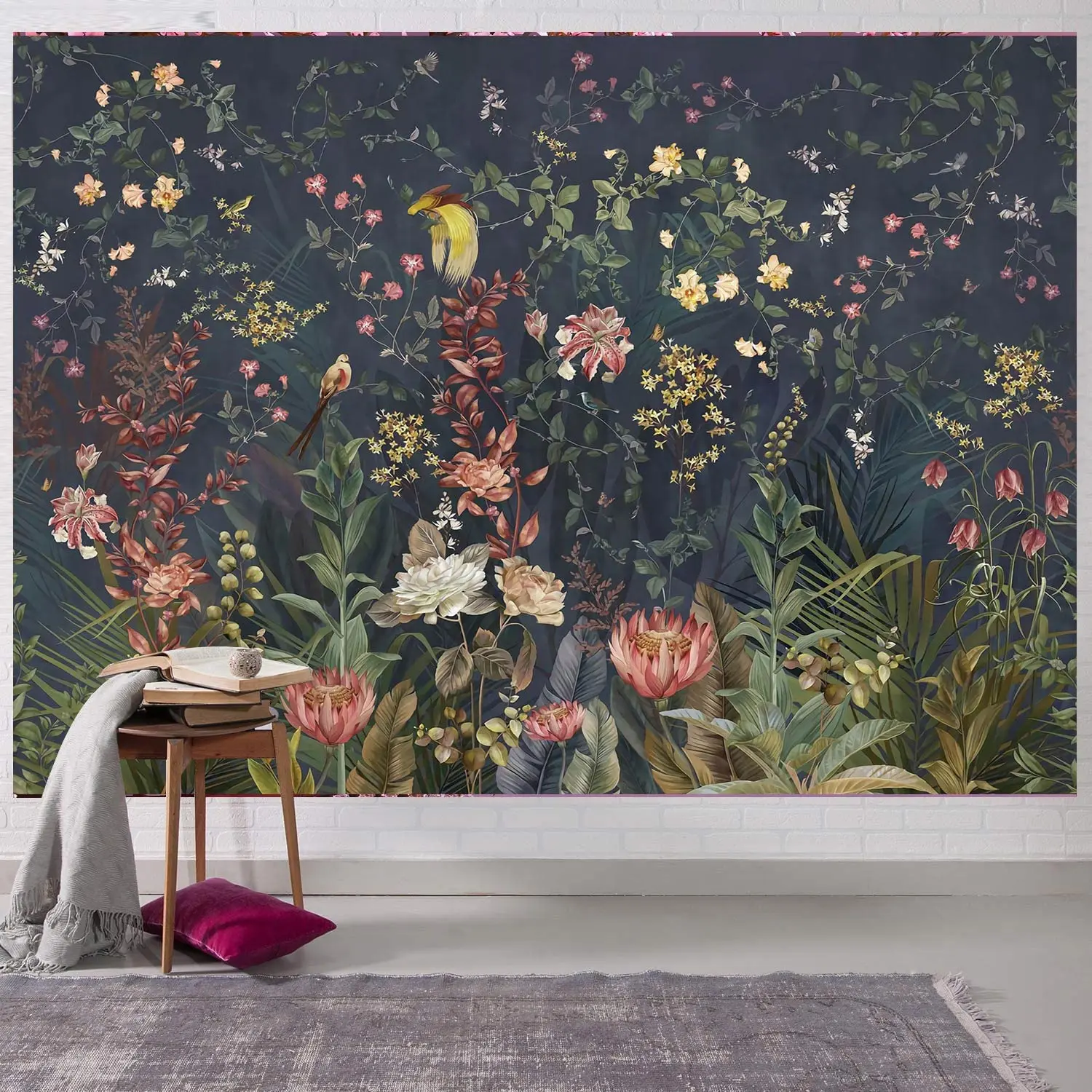 

Jungle Flowers Birds Tapestry Deep Color Natural Plant Floral Tapestry Home Living Room Dorm Bedroom Aesthetics Decor Tapestries