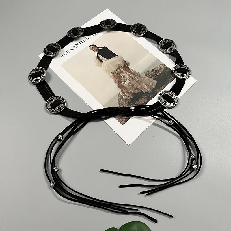 Vintage Minority Style Black Stone Inlaid Indian Tribe Waist Chain Tassel Silver Coin Round Leather Waist Chain Belt Bohemian