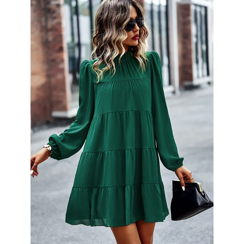 

Jastie 2023 Stand Collar Loose Dresses For Women Fashion Casual Long Sleeve Solid Color Dresses Elegant Holiday Beach Vestidos