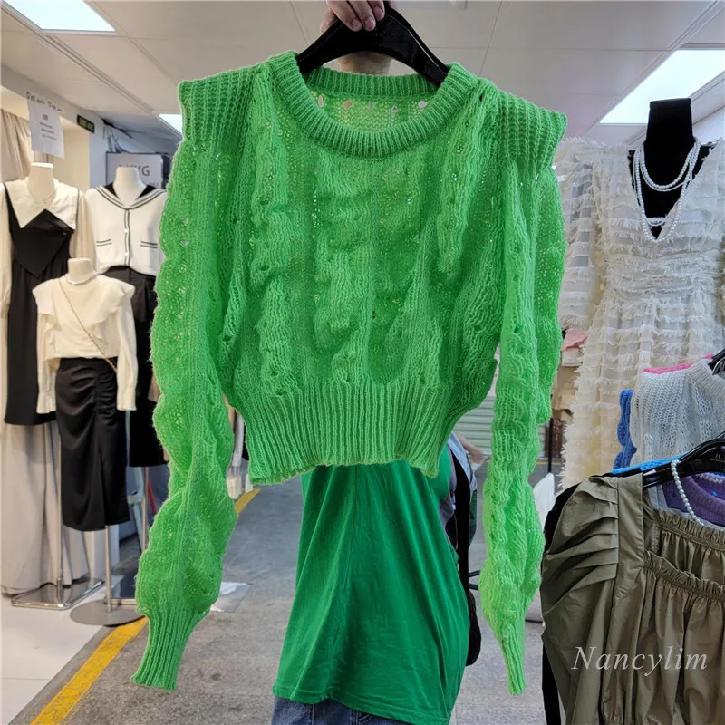 

Укороченный топ с высокой талией, женская трикотажная одежда, осень 2022, вязаный ажурный дизайнерский свитер с длинными рукавами и мягкими п...