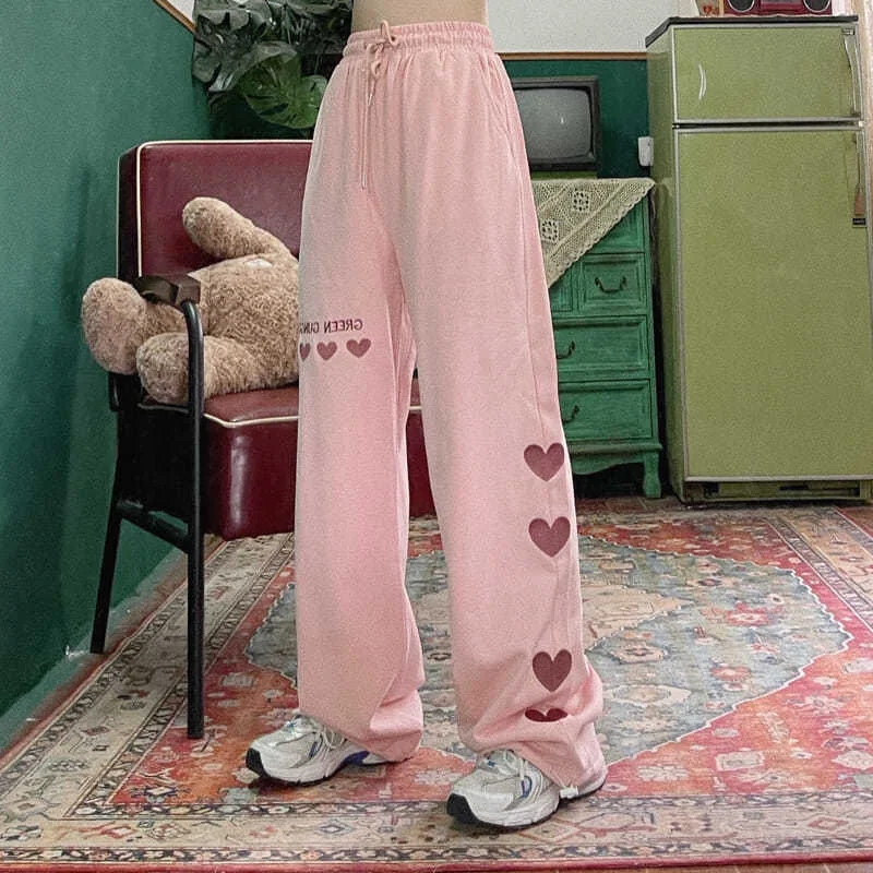 

Wakamono Women's Heart Embroidered Casual Pants Wide Leg Pants Baggy Pants Spring Summer Pants for Women Kawaii Trousers