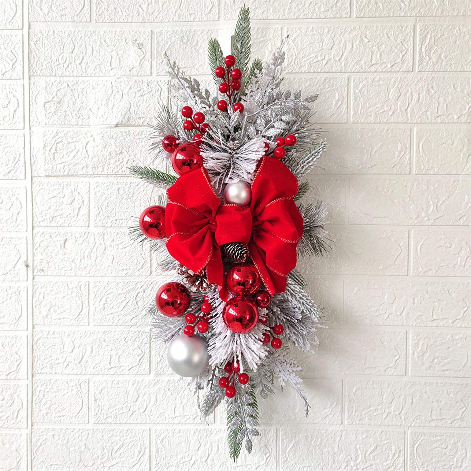 

Glowing Christmas Stairway Wreath Artificial Berry Pine Cones Wreath Art Crafts Bowknot Christmas Garland with String Light Home