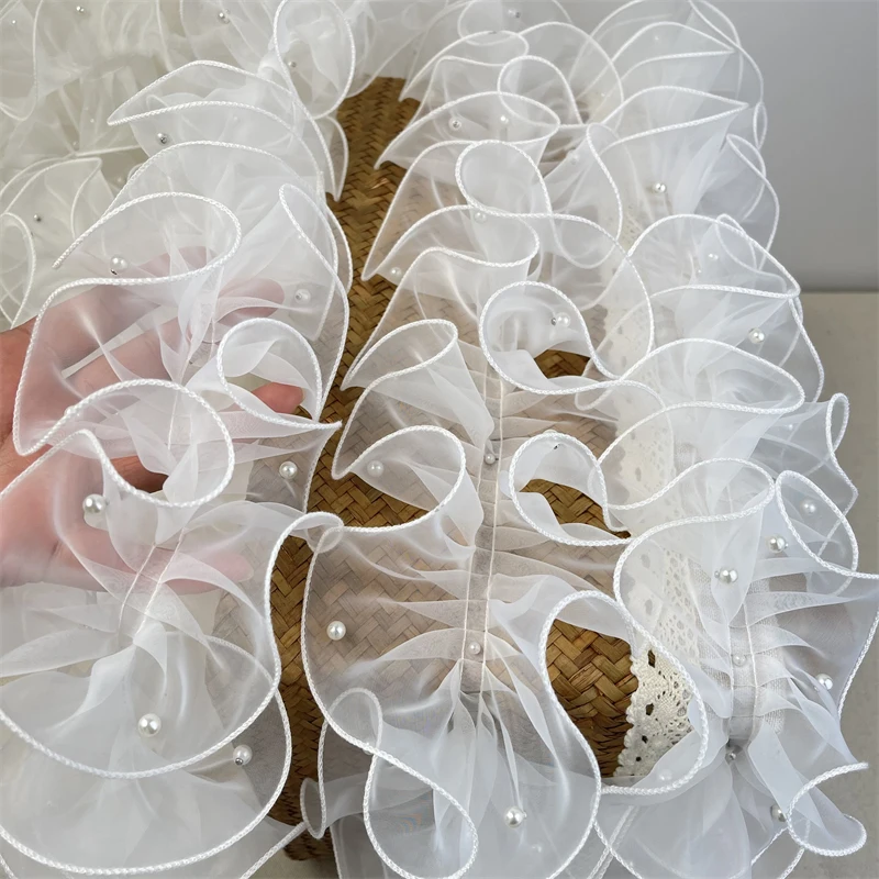 

Роскошная кружевная ткань из органзы с оборками и бисером, ширина 11 см, кружева с жемчужной отделкой для платья Лолиты, свадебная одежда