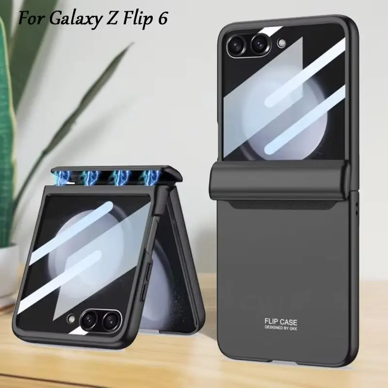 Фото Чехол для Samsung Galaxy Z Flip 6, магнитный шарнир, все включено, противоударная задняя стеклянная пленка, матовая крышка для Galaxy Z flip7 6 5, чехол №1