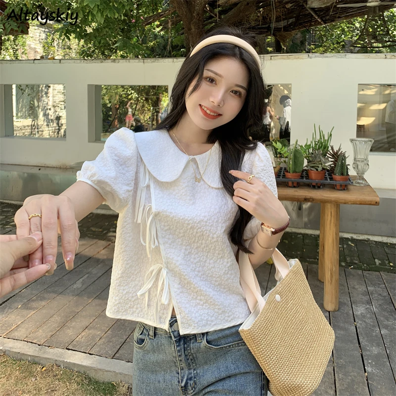 

Peter Pan Collar Shirts Women Crop Tops Elegant Bows Solid Sweet Cute Harajuku Females College Tender All-match Prevalent Korean