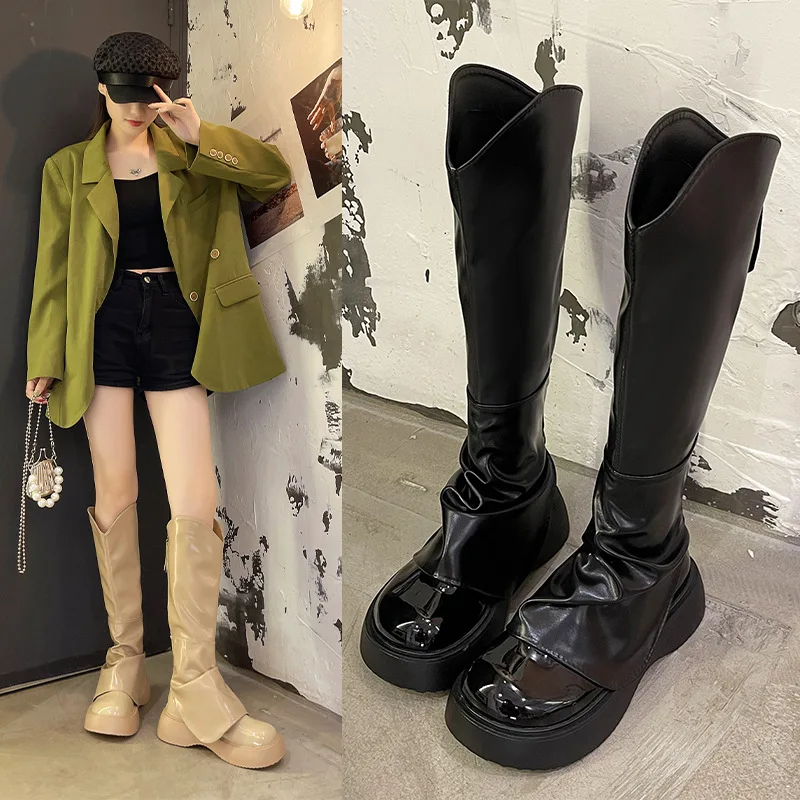 

Rock Shoes Woman Round Toe Lolita Boots Flat Heel Zipper Boots-Women 2022 Rubber Med Over-the-Knee Solid Fabric PU Rome Riding