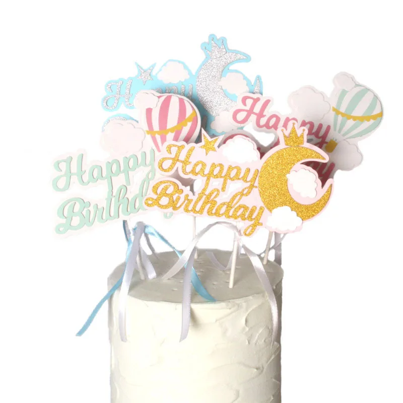 

10pcs Hot Air Balloon Crown Moon Happy Birthday Decoration Topper for Cake Decorating Tools Girl Toppers Cakes the Event Party