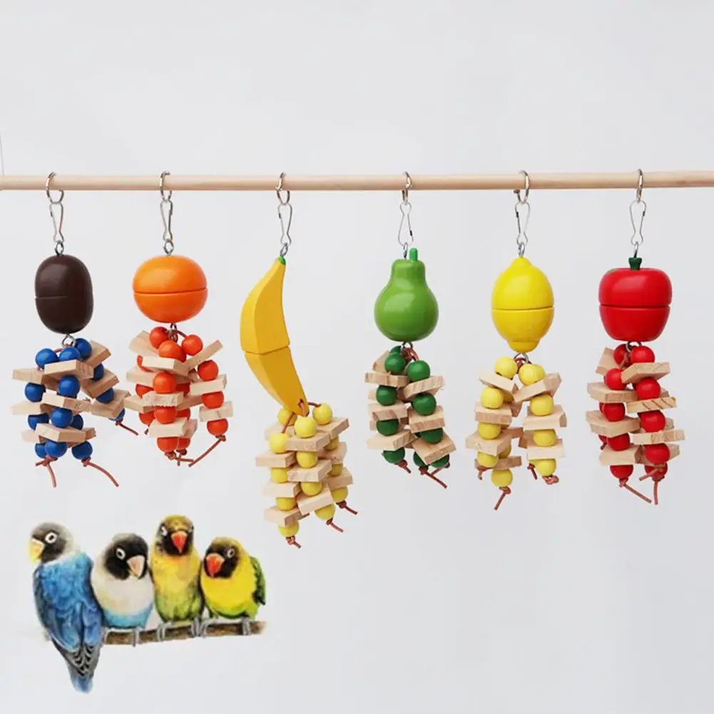 

Wooden Colorful Bird Cage Colorful Toys Chewing fruits Toy Bite String Hanging Foraging Toy For birds Parrot pet supplies