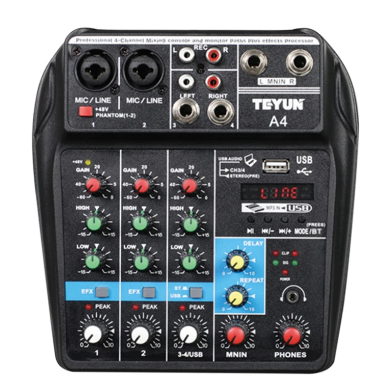 

4-Channel Sound Card Mixer Conference Audio USB Bluetooth Reverb Audio for Microphone K Song Live (US Plug)