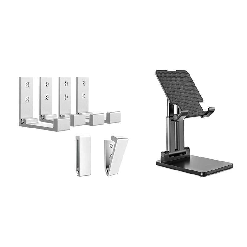 

6 Pcs Folding Hook Alloy Wall Hangers Mobile Phone Bracket & 1 Pcs Dual Pole Foldable Tablet Stand Black
