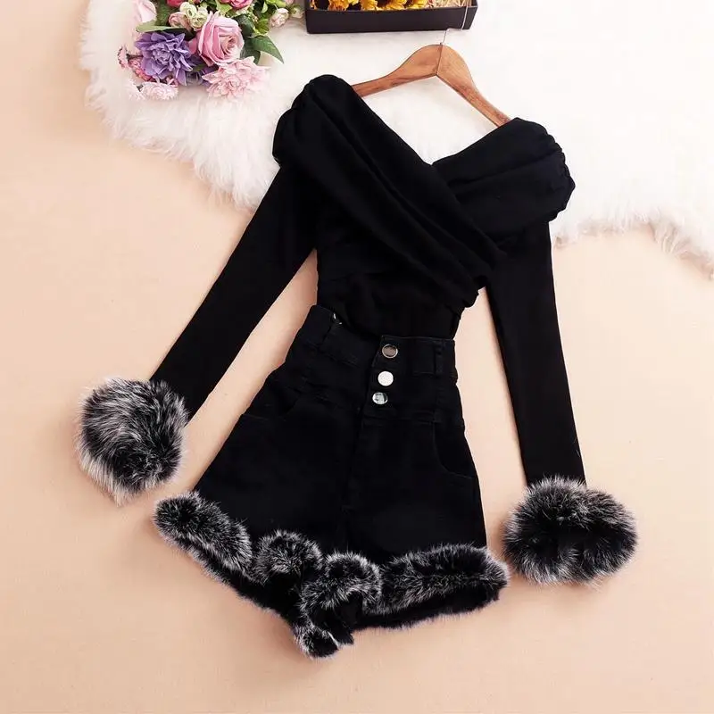 

Women 2021 Spring Autumn V-neck Long Sleeve Tops and High Waist Shorts Two Piece Set Female Fashion Casual Slim 2PCS Suit D306
