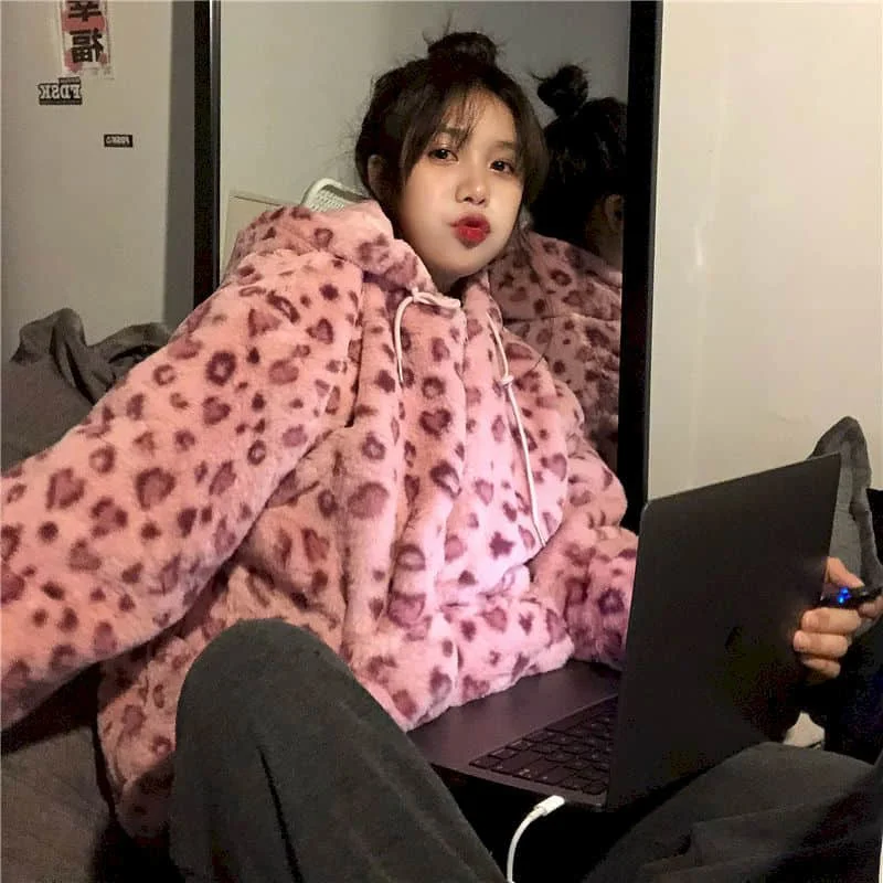 Lamb Wool Coat Women Winter Pink Leopard Print Thick Coat Korean Version Loose Plus Velvet Thick Retro Bright Color Street Coat