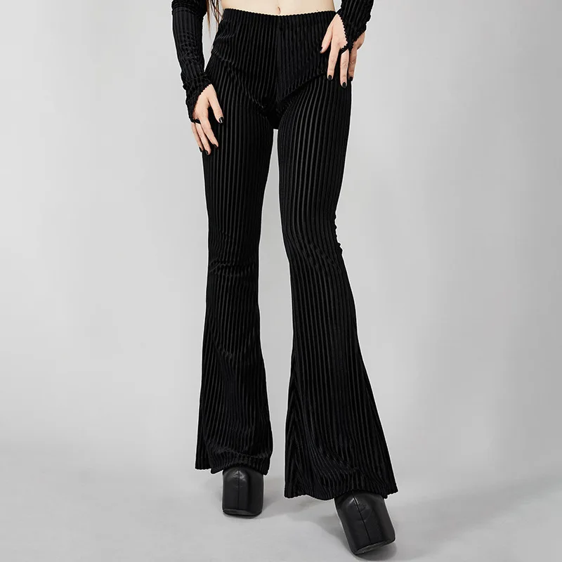 New All-Match Women Fashion Elastic Waist Black Flared Pants Solid Color High Waist Wide Leg Trousers Casual Hipster Streetwear