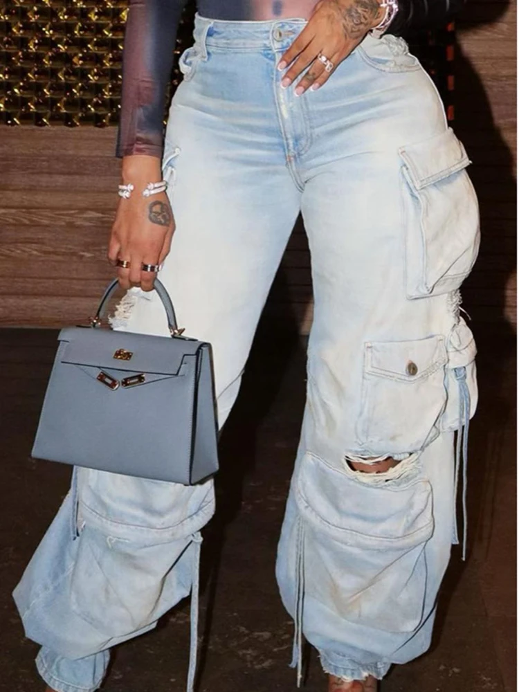 

2023 Fashion Denim Pants Women Casual Vintage Y2k Trousers Washed Broken Hole Stereo Pockets Streetwear Cargo Loose Long Jeans