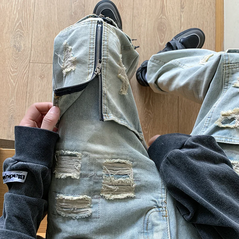 New men's high street jeans fashion trend zipper design ripped jeans hip-hop jeans men's loose mop pants