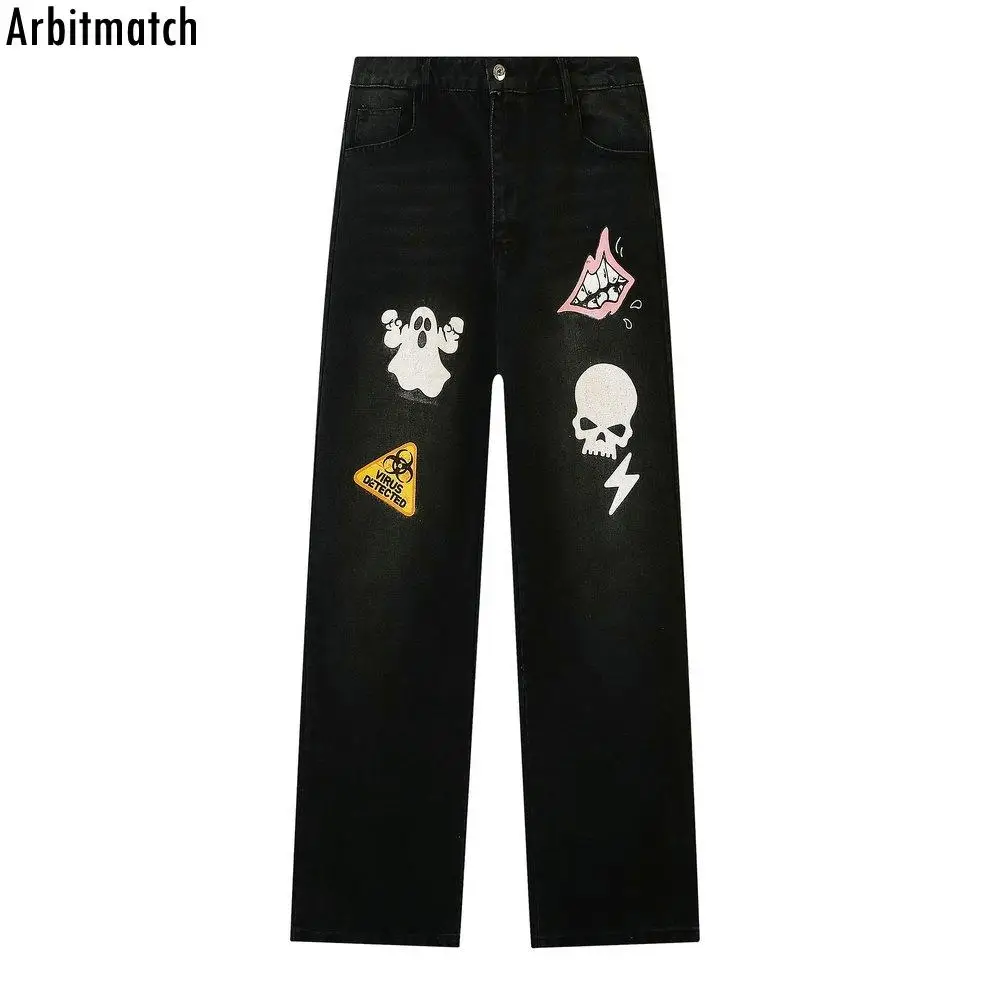 

2022 Casual Pants Mens Fashion Loose Vintage Skeletons Specter Print Pants Gothic Jeans Straight Wide Leg Pants Men Jeans