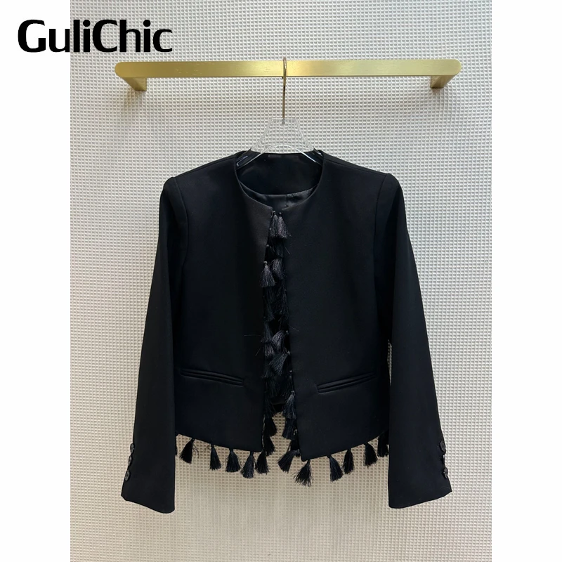 

12.26 GuliChic Women Black Casual Tassel Round Neck Long Sleeve Comfortable Short Jacket