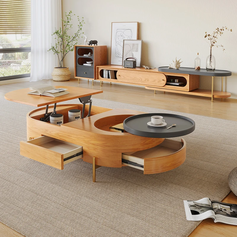 

Modern Minimalist Wood Color Small Apartment Nordic Retractable Lifting Solid Wood Living Room Coffee Table TV Cabinet Side