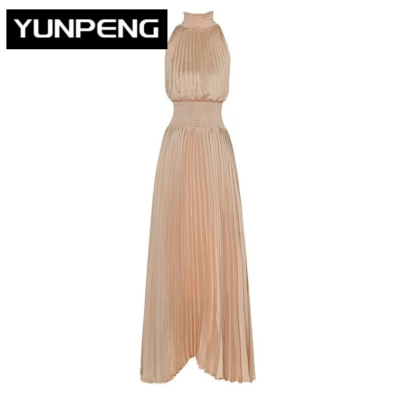 

Summer Dress Stand Collar Sleeveless Elastic Waist Party Long Pleated Dresses For Women 2023 Runway Luxury Brand Elegant
