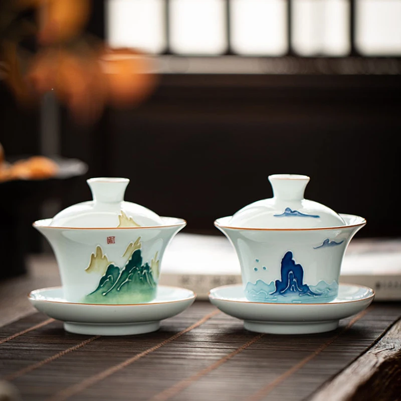 

Hand Painted Traditional Chinese Pattern Cover Bowl Chinese Kung Fu Tea Set Sancai Tea Bowl Jingdezhen White Porcelain Tea Bowl