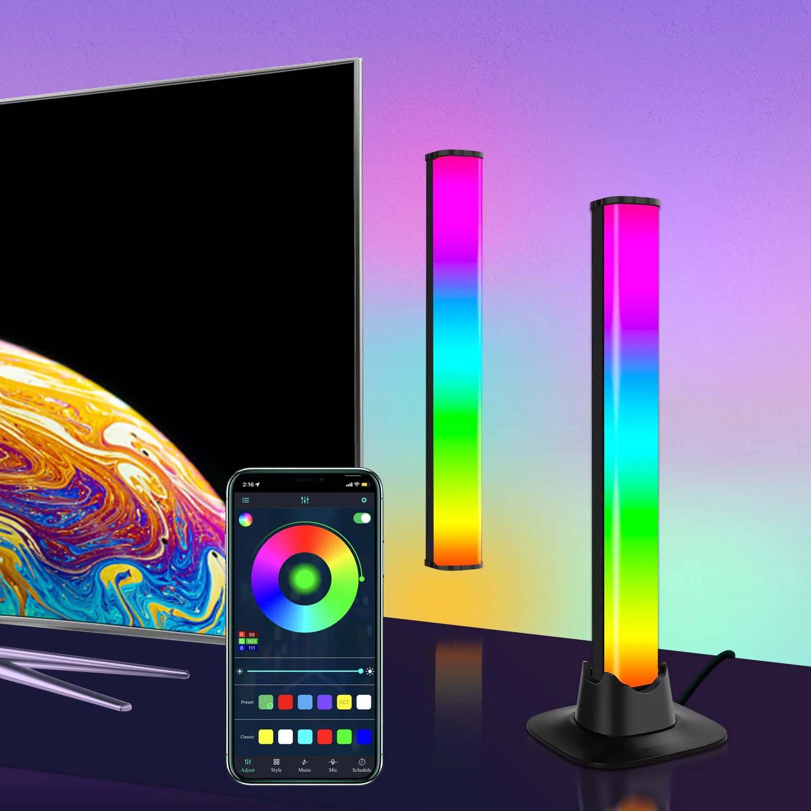 

Smart Light Bar Bluetooth Music Led Atmosphere Table Lamps Computer TV Desk Decoration Gaming Studio Bedroom Bedside Decor 2 PCS