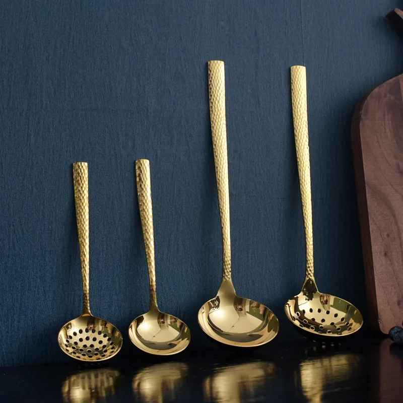 

1 Piece Gold Soup Spoon Hammer Mesh 304 Stainless Steel Big Soup Shell Hot Pot Spoon Leaky Spoon Soup Spoon