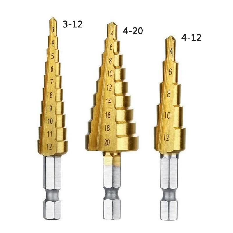 

1pc 3-12mm 4-12mm 4-20mm Straight Groove Step Drill Bit HSS Titanium Coated Wood Metal Hole Cutter Core Cone Drilling Tools Set